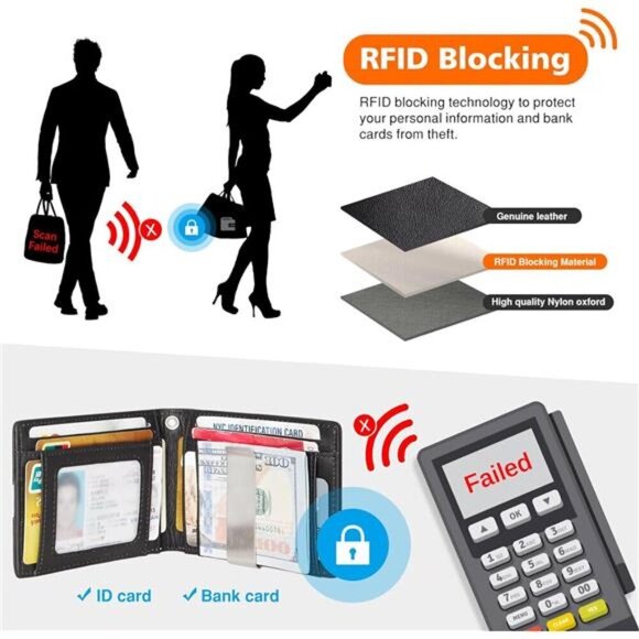 Genuine Leather Blocking Bifold Wallet RFID Protective Credit Card Holder - Picture 4 of 7